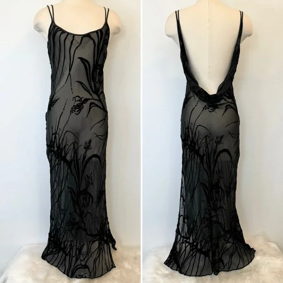🌺SOLD🌺 Secret Silk Velvet Black Sheer Vintage Maxi Gown Slip Dress - Picture 6 of 8
